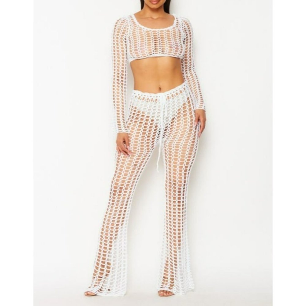 Hot and Delicious Tulum Crochet Two Piece Sheer Set White Size Large NWT